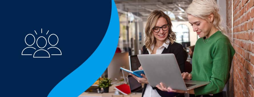 Two people on a laptop researching if a communications degree is worth it with an icon of 3 outlined figures talking over a blue background