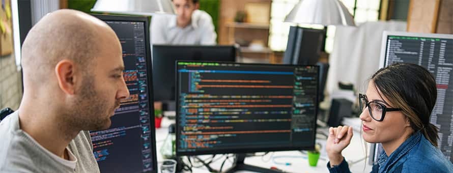 A computer science professional discussing a workflow diagram with a colleague who has code on her desktop.