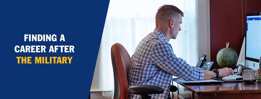 A military veteran working on a desktop computer and the text Finding a career after the military.