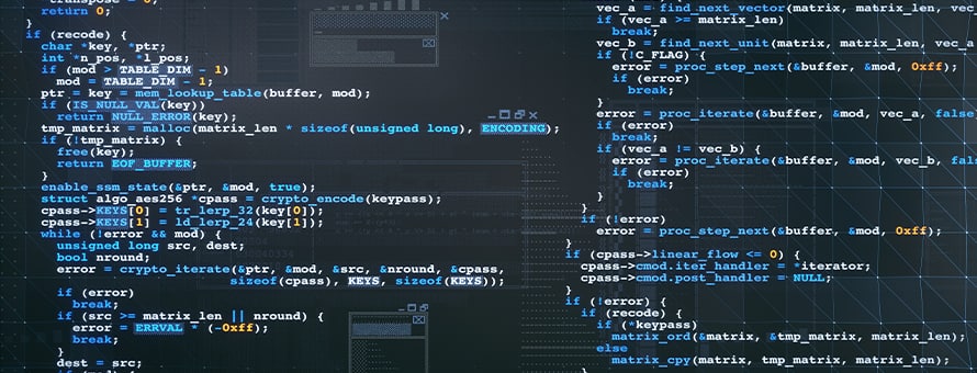A black screen with blue, white and yellow code.