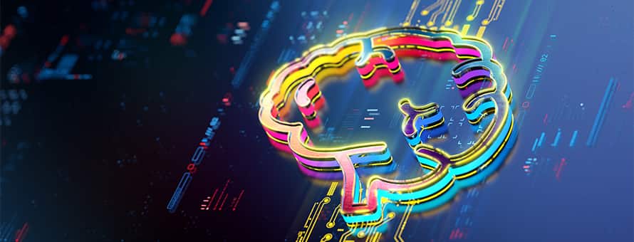 A neon outline of a brain lit up on a computer board to express the learning of AI