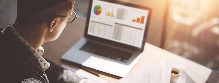 A person sitting at a desk working on an accounting course on their laptop