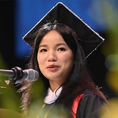 Linh T. Mai '25, a campus student who graduated cum laude with her bachelor's degree in politics and global affairs