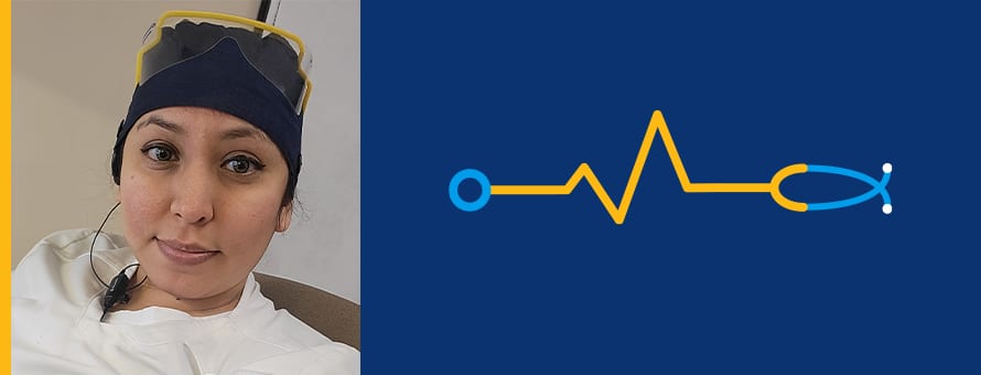 Liz Fujiwara next to a blue banner and a cartoon like stethoscope over it