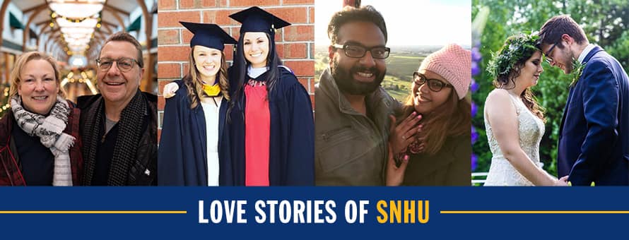 Karen and Jim Naro, Cassie Midura and Britney Bernard, Varun Chowdary Kommineni and Vaidehi Malpe, Lindsey Beauchamp and Derek Edry and the text Love Stories of SNHU