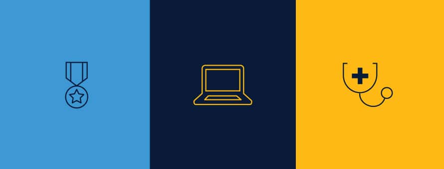 Icons for a military medal, laptop and stethoscope.