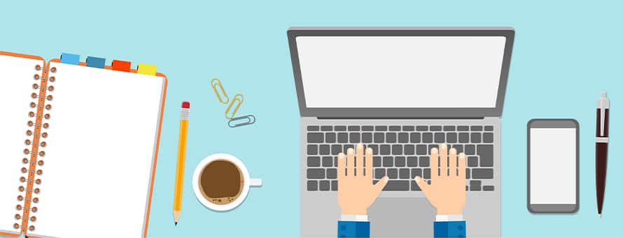 A cartoon set of hands hovering over a laptop's keyboard next to a cup of coffee, notebook, pencil and paperclips.