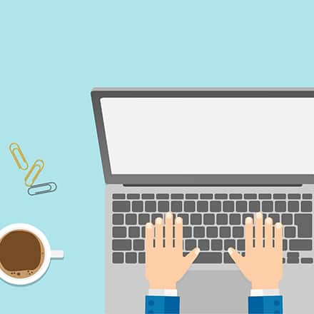 A cartoon set of hands hovering over a laptop's keyboard next to a cup of coffee, notebook, pencil and paperclips.