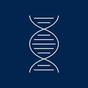 A graphic with a blue background with a white double helix icon
