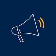 An icon of a white-outlined megaphone with sound displayed as two yellow lines