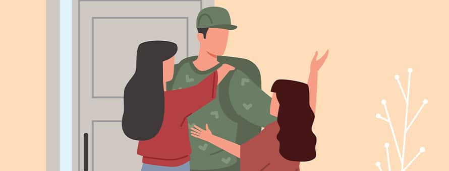 An illustration of a military family of three embracing by the door of their home.