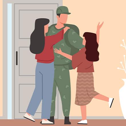 An illustration of a military family of three embracing by the door of their home.