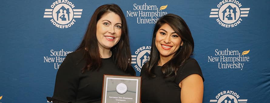 SNHU's Emily Devito presenting a plaque to Operation Homefront scholarship recipient Eliana Cornejo.