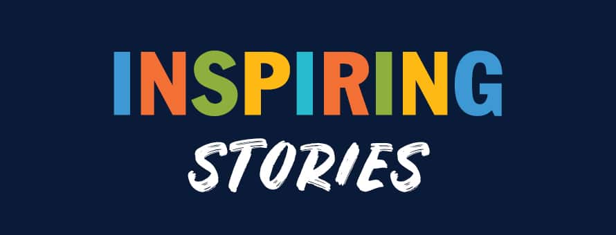 A blue background and multi-colored lettering with the text Inspiring Stories