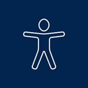 A blue graphic with a white icon of a person