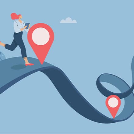 An illustration of a woman walking on a path towards her personal growth marked with location pins.