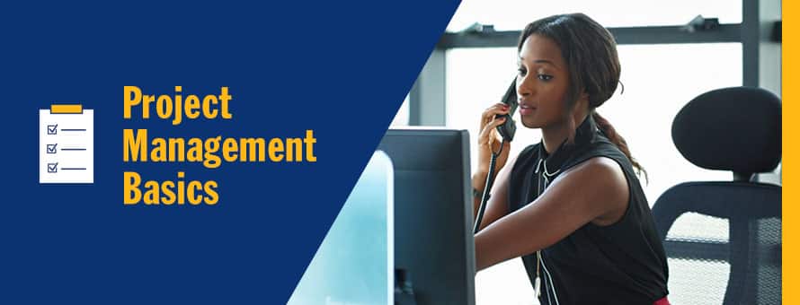 A female project manager speaking on the phone in an office and the text Project Management Basics.