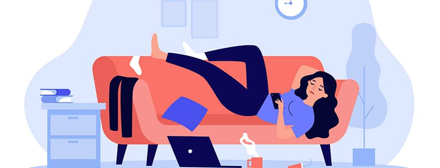 A cartoon woman sprawled across a couch, looking at her cellphone.