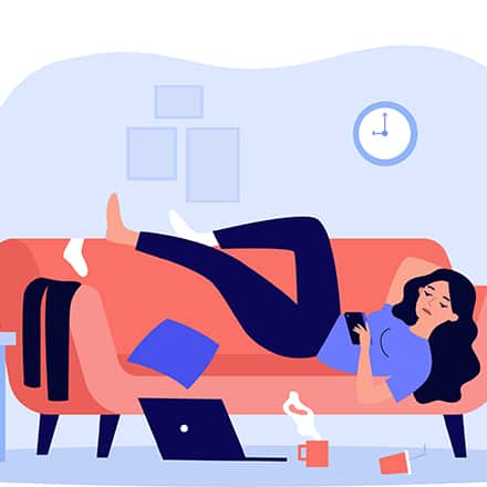 A cartoon woman sprawled across a couch, looking at her cellphone.