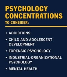 Infographic with the text Psychology Concentrations to Consider: addictions, applied psychology, child and adolescent development, forensic psychology, mental health, social psychology 
