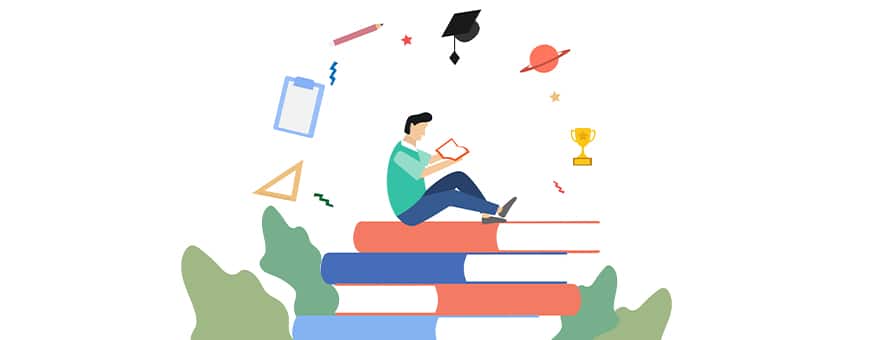 A cartoon man sitting on a giant stack of books, surrounded by icons including a pencil, grad cap, planet, trophy, clipboard and several other shapes.