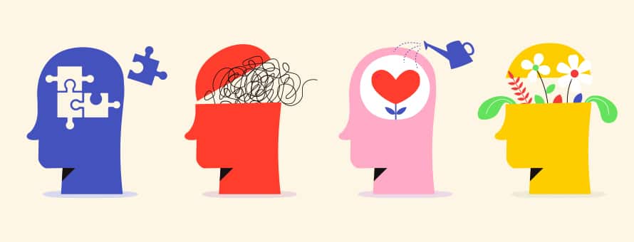 A graphic of 4 profiles. From left to right: Blue head with puzzle pieces, red head with tangled swirls, pink head with a heart and watering can, yellow head with blooming flowers.
