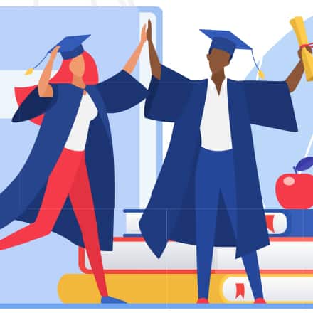 Two cartoon college graduates high-fiving in their caps and gowns.