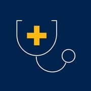 A stethoscope graphic with a yellow cross and a blue background.
