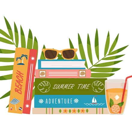 A graphic image of a stack of books with sunglasses on top of them with a glass of lemonade and leaves around them.