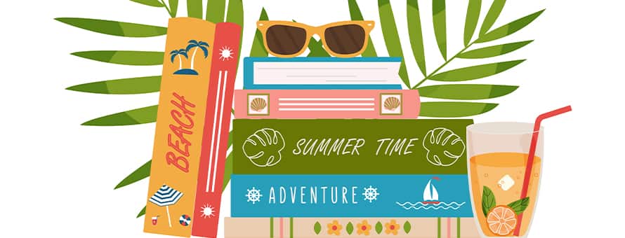 A graphic image of a stack of books with sunglasses on top of them with a glass of lemonade and leaves around them.