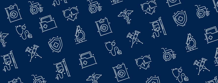 A pattern of healthcare icons that indicate interprofessional collaboration, including a clipboard, wheelchair, stethoscope, chart, heart, syringes and a microscope.