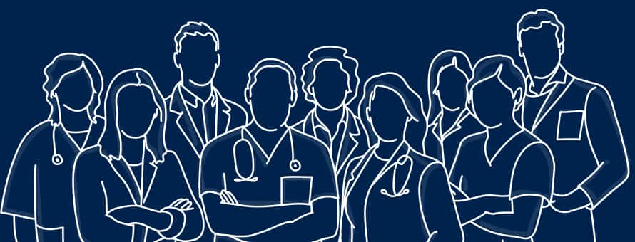 Stenciled outlines of medical professionals at a thought leadership conference