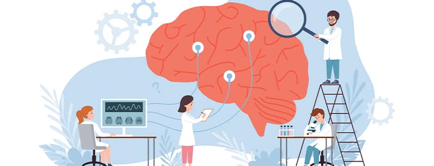 A group of cartoon healthcare professionals working together on a cartoon brain.