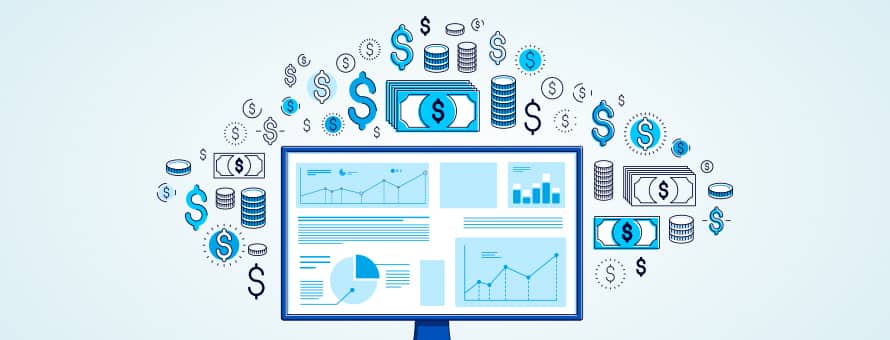 Graphic treatment of a computer with graphcs and charts on it surrounding by dollar signs, coins and dollar bills