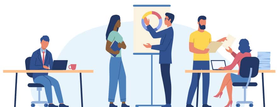 Five cartoon people discussing different types of business degree