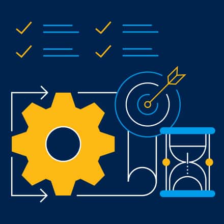 A blue background with a yellow graphic gear in the center surrounded by a graphic bullseye, sandglass and check list
