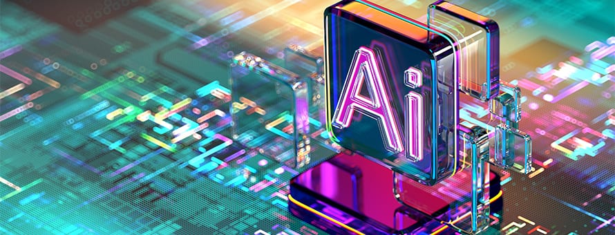 A colorful block that says AI hovering above a computer board