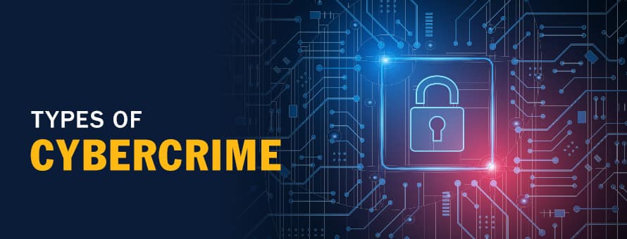 A lock icon and lines of circuitry around it with the text Types of Cybercrime