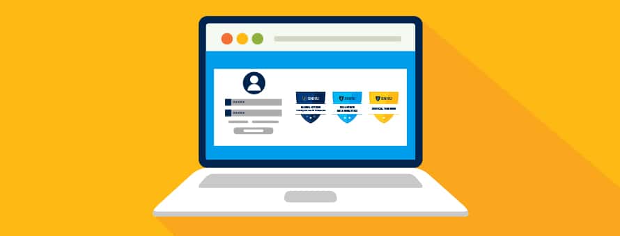  A yellow background with a graphic laptop showing the SNHU digital badges available 