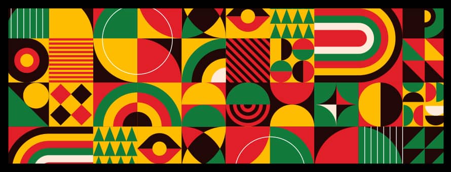 Several gold, green and red icons and graphic shapes representing Juneteenth.