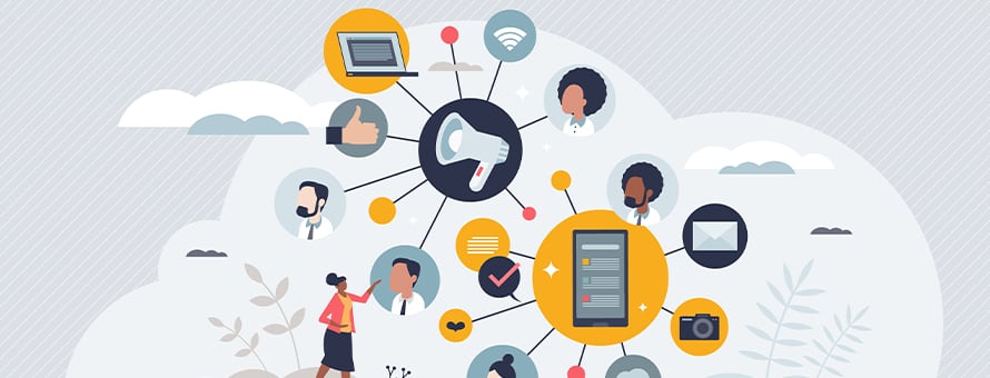 An illustration of a person reviewing a web of media, including different authors and sources.