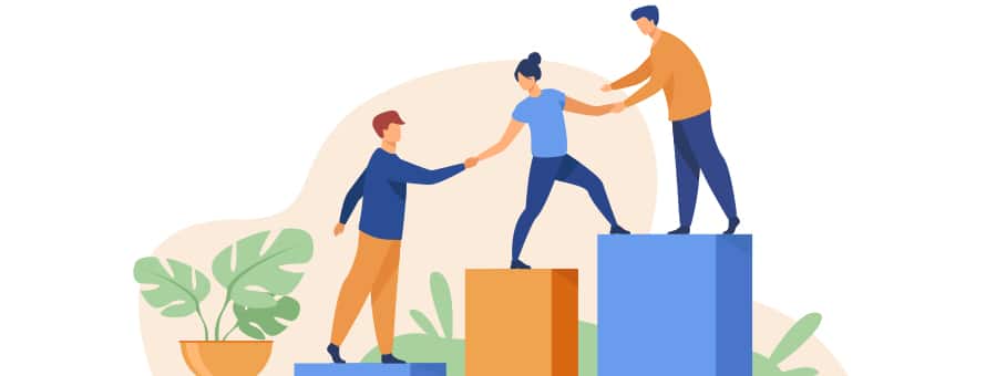 A graphic of three people helping each other up platforms used to represent what mentorship is