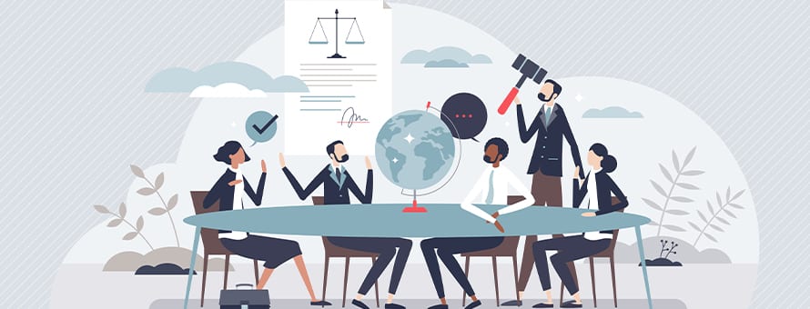 Animated professionals gathered around a globe at a conference table.