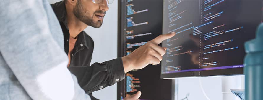 Two computer programmers using Python and reviewing code on a desktop computer.