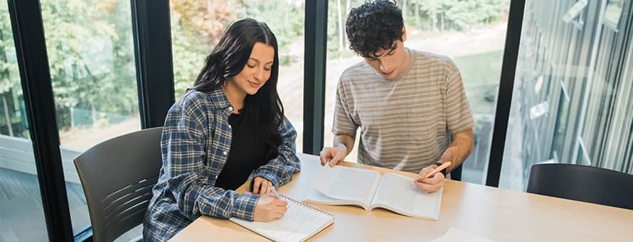 Two students sitting at a desk preparing for the SAT 