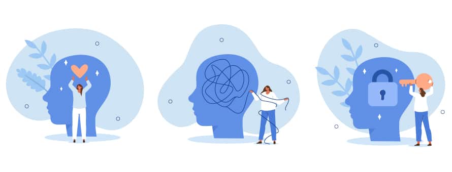 A 3-part graphic of a cartoon person interacting with the profile of a face using a heart, string and key, each of which represent trauma informed care