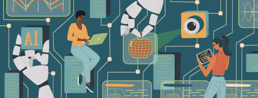 An illustration of two women in IT, one using a laptop and the other a tablet, surrounded by a motherboard and two robot hands.