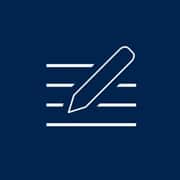 A blue and white icon of a pencil writing on lines.